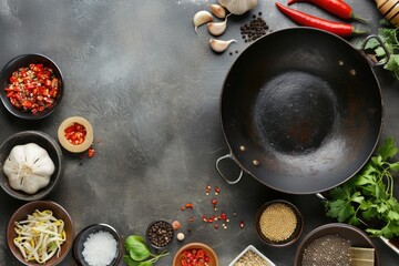 Aufkleber - Assorted spices and herbs surrounding a wok. Great for food blogs or cooking websites