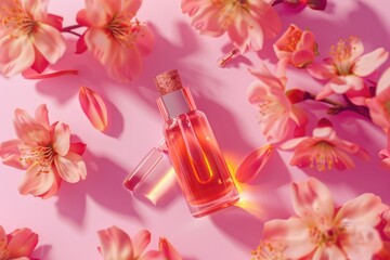 Canvas Print - Elegant perfume bottle surrounded by delicate pink flowers. Perfect for beauty and fragrance concepts