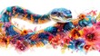 Colorful bright snake in furry fresh flowers on a white background Postcard for lovers of exotic reptiles