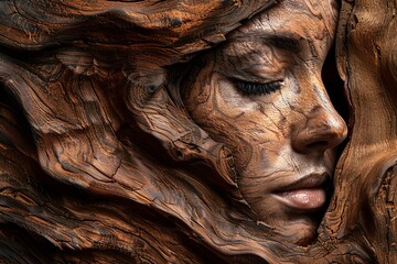 Wall Mural - A photorealistic image showcasing the face of a woman emerging from the natural grain of walnut wood. The texture of the wood.