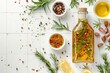 A bottle of olive oil surrounded by various spices and herbs. Perfect for food and cooking concepts