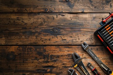Poster - A tool kit placed on a wooden table. Ideal for DIY projects or construction themes