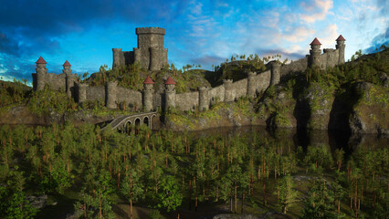 Poster - Ancient medieval castle on a hill in a forext landscape with a river in front. 3D render.ed illustration