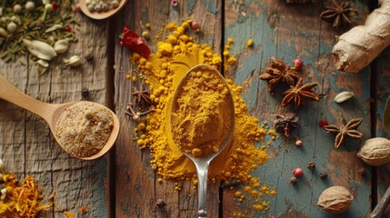 Poster - A spoon full of turmeric and spices on a wooden table. Perfect for cooking or health-related designs