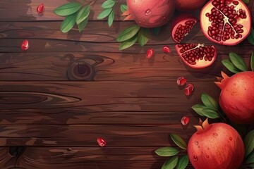 Poster - Fresh pomegranates displayed on a rustic wooden table. Ideal for food and healthy eating concepts