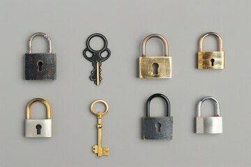 Poster - Various keys and locks on a gray surface, suitable for security concepts