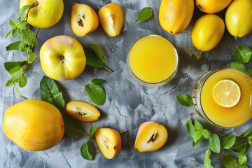 Poster - A glass of orange juice next to a bunch of fruit. Perfect for healthy lifestyle concepts