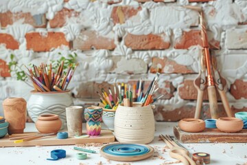 Aufkleber - Various colored pencils neatly arranged on a table. Ideal for educational or artistic concepts