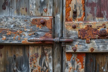 Poster - A detailed view of a weathered wooden door with rust. Suitable for architectural or vintage design projects