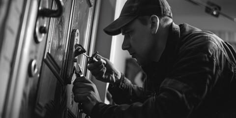 Poster - A man using a hammer to work on a door. Suitable for construction or home improvement concepts