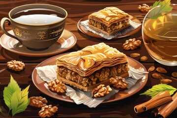 Aufkleber - A simple scene of a plate of food and a cup of tea on a table. Perfect for food and beverage concepts