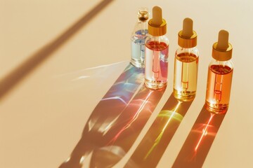 Poster - Three elegant perfume bottles displayed on a table. Perfect for beauty and fragrance concepts
