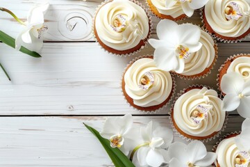 Poster - A bunch of cupcakes with elegant white frosting and delicate flower decorations. Perfect for bakery or celebration concepts
