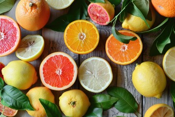 Poster - Fresh oranges and lemons on wooden table, perfect for food and nutrition concepts