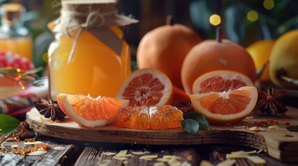 Poster - Fresh sliced oranges on a rustic wooden cutting board. Perfect for food and healthy lifestyle concepts