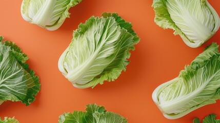 Wall Mural - Crisp lettuce leaves on vibrant orange background, perfect for food and nutrition concepts