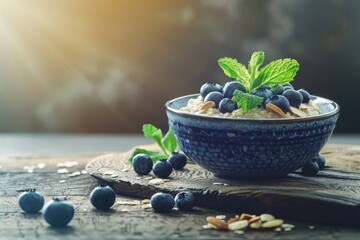 Sticker - A bowl of nutritious oatmeal topped with fresh blueberries and mint leaves. Perfect for food and health-related designs