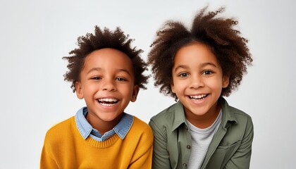 Two young children laughing heartily against a white background, embodying pure joy and happiness