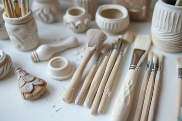 Aufkleber - Various paint brushes neatly arranged on a table. Ideal for art supplies concept