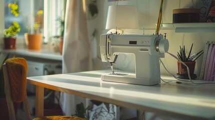 Canvas Print - A sewing machine placed on a white table, ideal for crafting projects