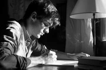 Poster - A man sitting at a table writing on a piece of paper. Suitable for educational or office concepts