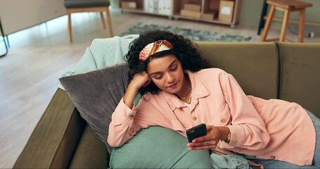 Poster - Serious, girl and relax on sofa with smartphone for reading text and research online on website. Woman, home and breathe for calm with internet for social media post or update and streaming news.