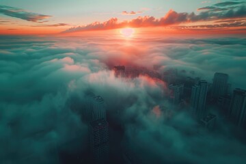 Poster - Cityscape with dramatic sunset sky, ideal for travel and fantasy concepts