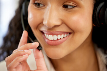 Poster - Closeup, woman and microphone at work in call center or customer care in office with smile and mouth. Female person, consultant and agent for telecommunication, company and workplace in macro