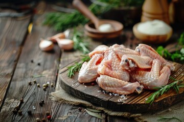 Poster - Fresh raw chicken meat on a wooden cutting board, ideal for food preparation concepts
