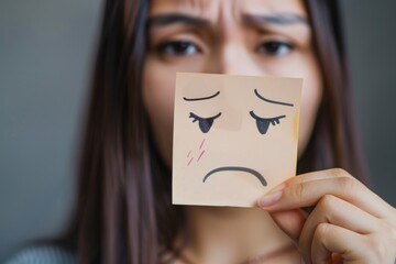 Poster - Woman holding paper with sad face drawing, suitable for emotional concepts