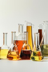 Poster - Glass flasks filled with vibrant colored liquids. Perfect for science or laboratory concepts