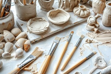 Poster - A collection of diverse pottery items displayed on a table. Ideal for showcasing pottery craftsmanship