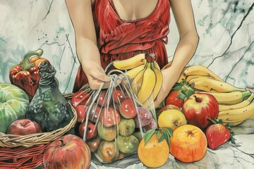 Poster - A painting of a woman holding a bag of fruit. Suitable for food and nutrition concepts