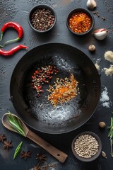 Aufkleber - A variety of spices arranged in a frying pan. Great for culinary concepts