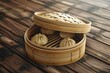 A bamboo basket filled with dumplings on a wooden table. Perfect for food and cooking concepts