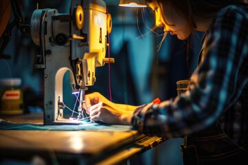 Canvas Print - A woman working on a sewing machine. Suitable for fashion and craft projects