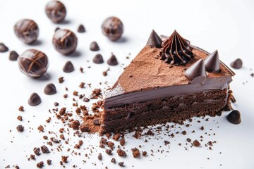 Poster - A piece of chocolate cake on a white plate, suitable for food-related designs