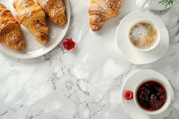 Poster - A table set with croissants and coffee cups, perfect for breakfast scenes