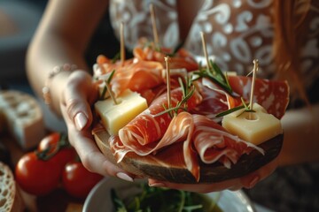 Poster - Person holding a plate of food with meat and cheese, suitable for food and restaurant concepts
