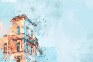 Poster - Detailed watercolor painting of a building with a clock tower, suitable for architectural and historical projects