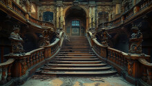 The Interior Of An Abandoned Mansion, With A Grand Staircase And Intricately Carved Wooden Railings. Created With Ai