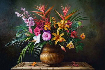 Poster - lush bouquet of tropical flowers in a bamboo vase