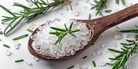 Aufkleber - A wooden spoon filled with sea salt and a sprig of rosemary. Suitable for food and cooking concepts