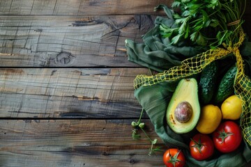 Poster - A variety of colorful fruits and vegetables displayed on a rustic wooden table. Ideal for healthy eating concepts