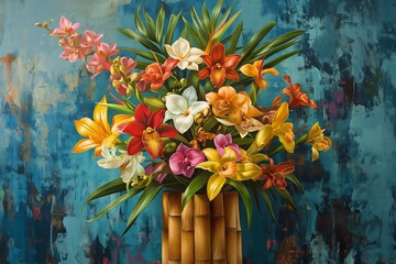 Poster - lush bouquet of tropical flowers in a bamboo vase