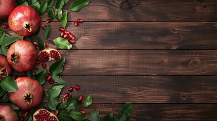 Poster - Fresh pomegranates arranged on a rustic wooden table, perfect for food and nutrition concepts