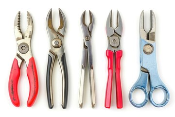 Poster - Five pairs of pliers lined up on a white surface. Suitable for industrial tool concepts