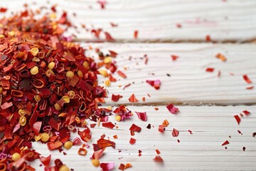 Aufkleber - A vibrant pile of red and yellow confetti on a wooden surface. Perfect for party or celebration concepts