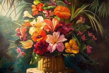 Poster - lush bouquet of tropical flowers in a bamboo vase