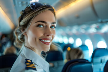 Wall Mural - Stewardess smiling in airplane